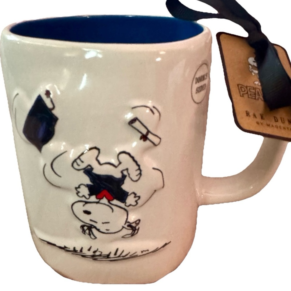 RAE DUNN PEANUTS GRADUATION COFFEE MUG W/SNOOPY CAP & GOWN “DREAM BIG” BLUE NEW